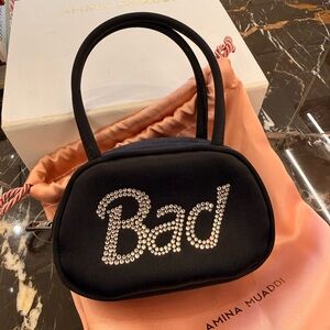 Amina Muaddi Black Satin Superamini Baddie Crystal Embellished Women's Bag